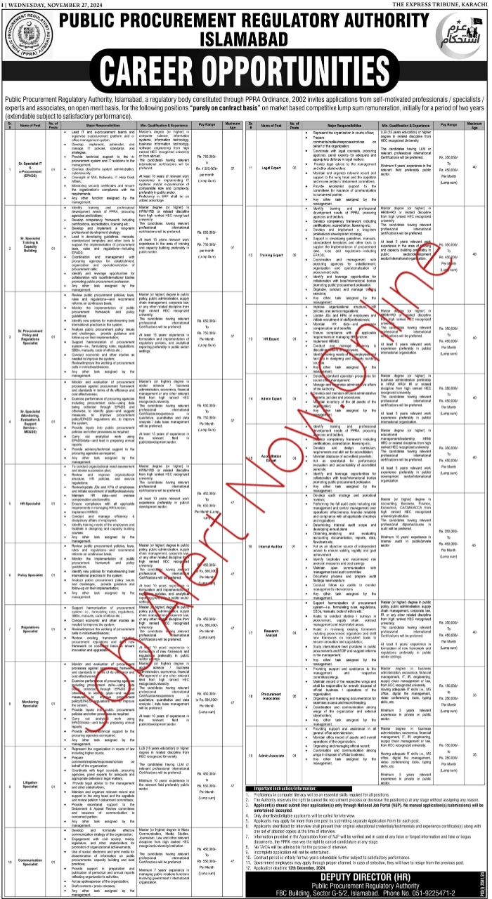 Jobs for Legal and HR Experts at PPRA Islamabad in 2024