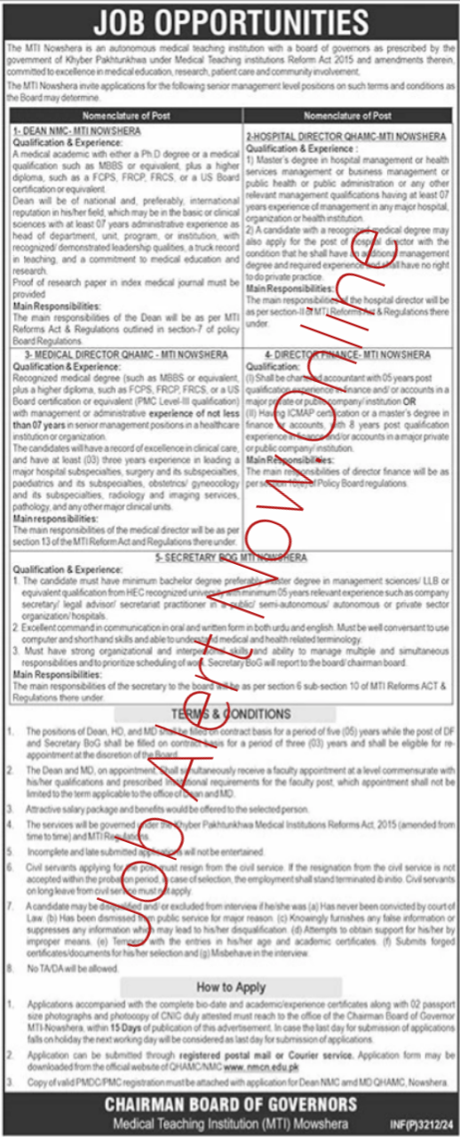Job Openings in Medical Teaching Institution MTI Nowshera in 2024