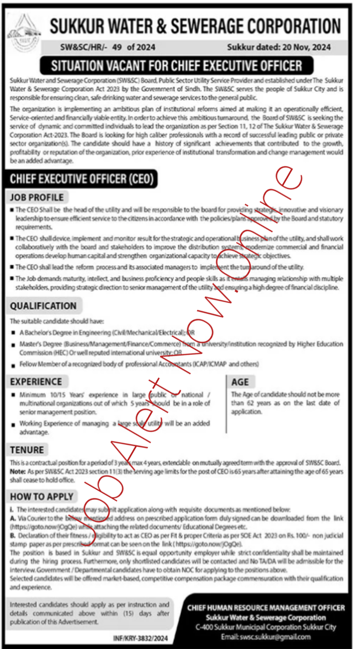 Job Openings for CEO at Sukkur Water & Sewerage Corporation SWSC 2024