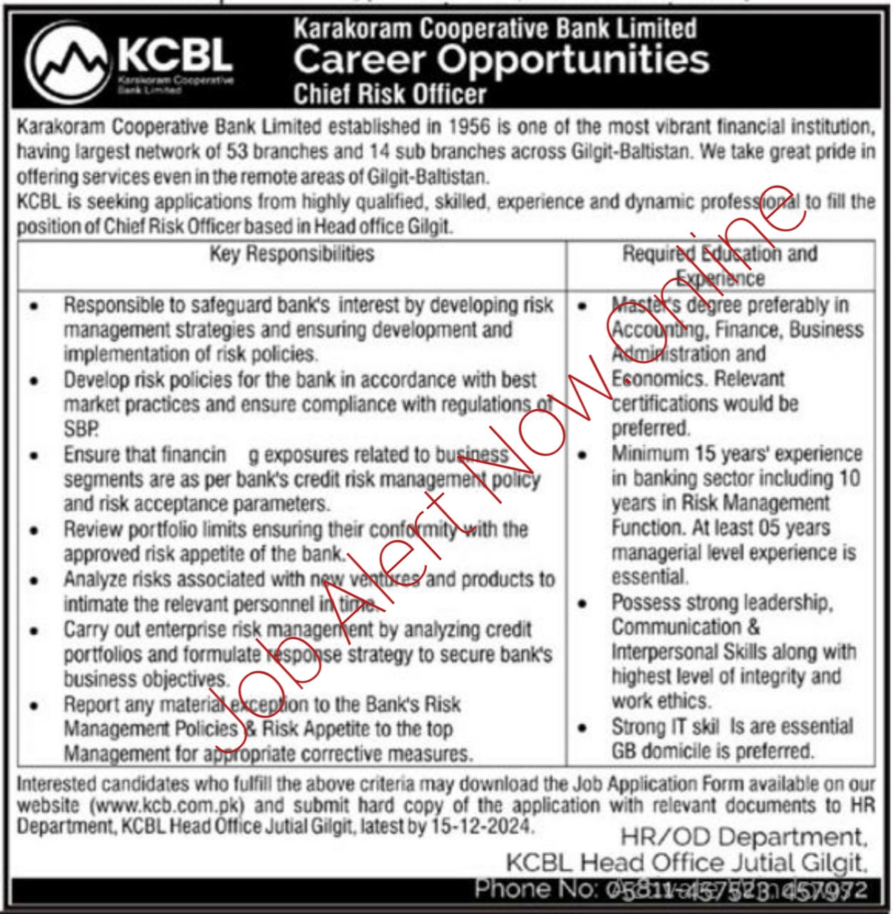 Karakoram Cooperative Bank Jobs for Chief Risk Officers in 2024