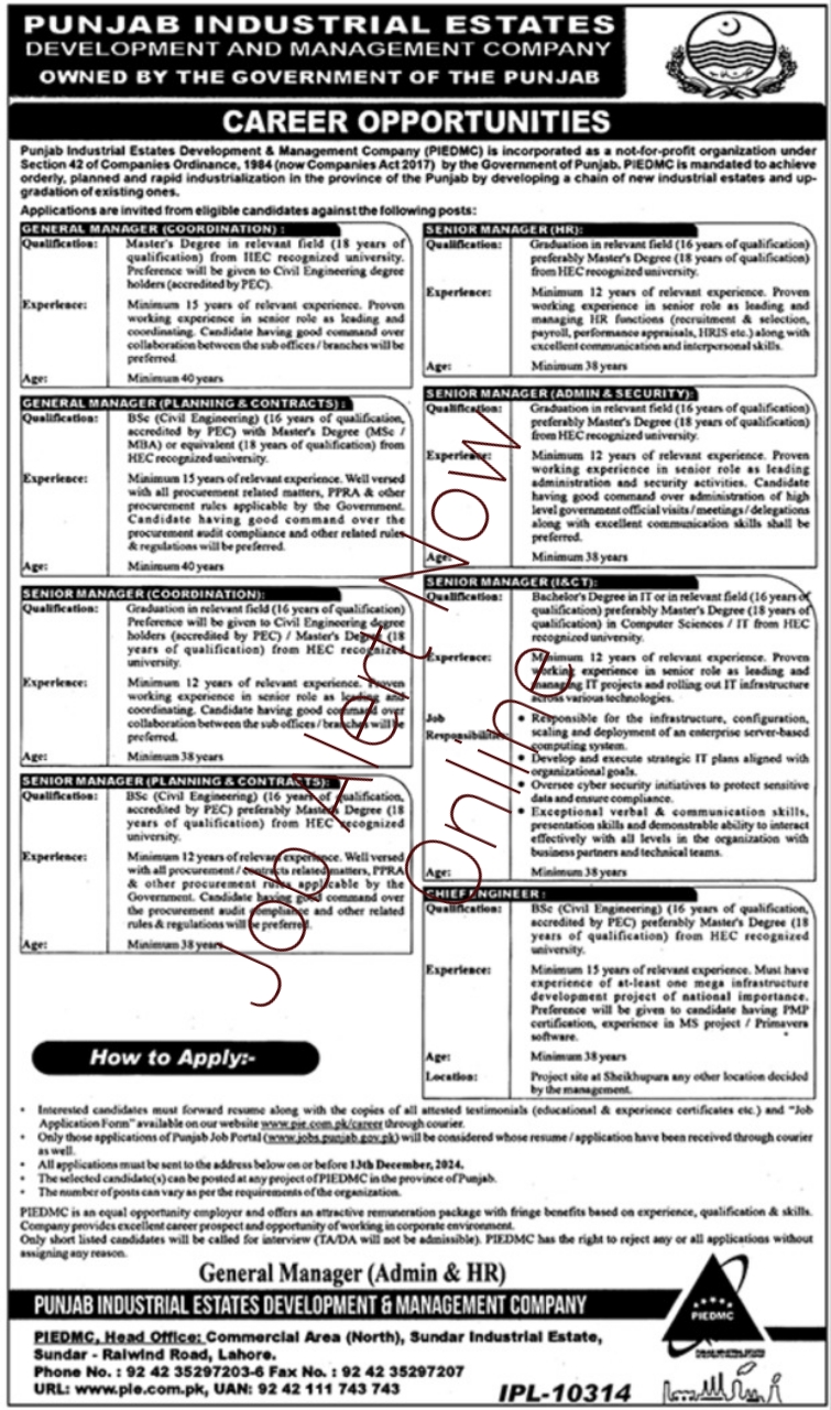 General Manager Positions Available at Punjab Industrial Estates PIE in 2024