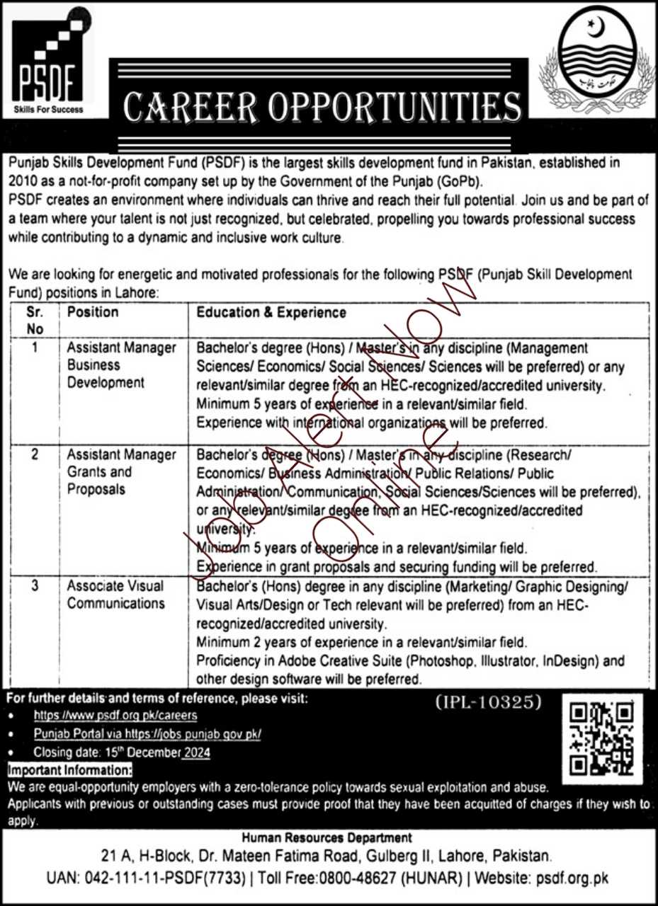 Punjab Skill Development Fund Jobs in Lahore 2024