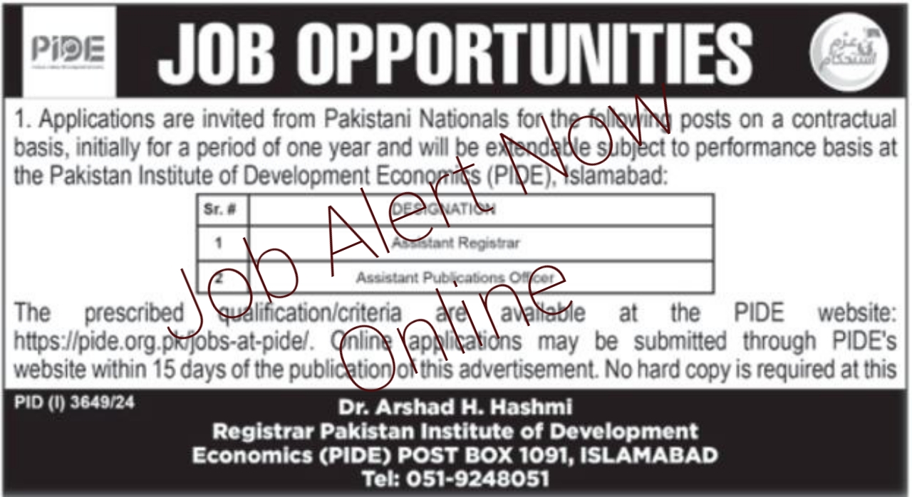 Employment at the Pakistan Institute of Development Economics (PIDE) 2024
