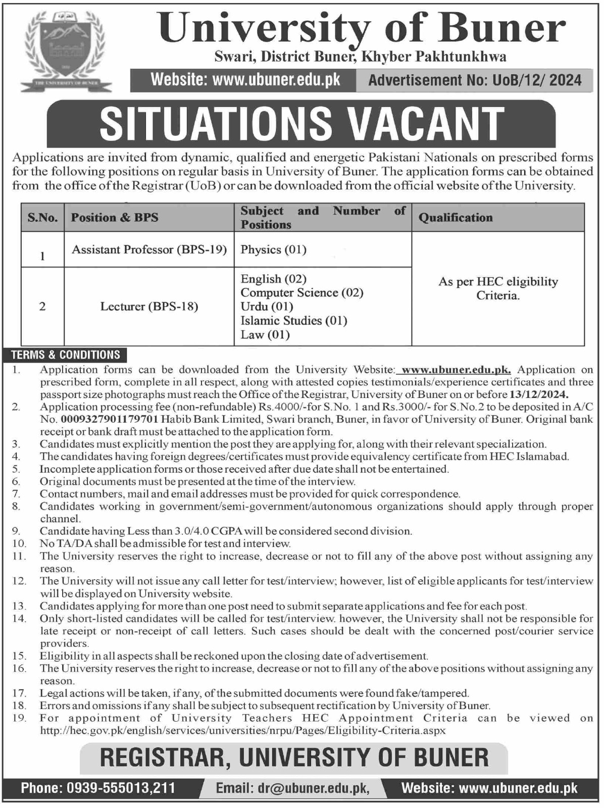 Jobs at the University of Buner for Assistant Professors in 2024