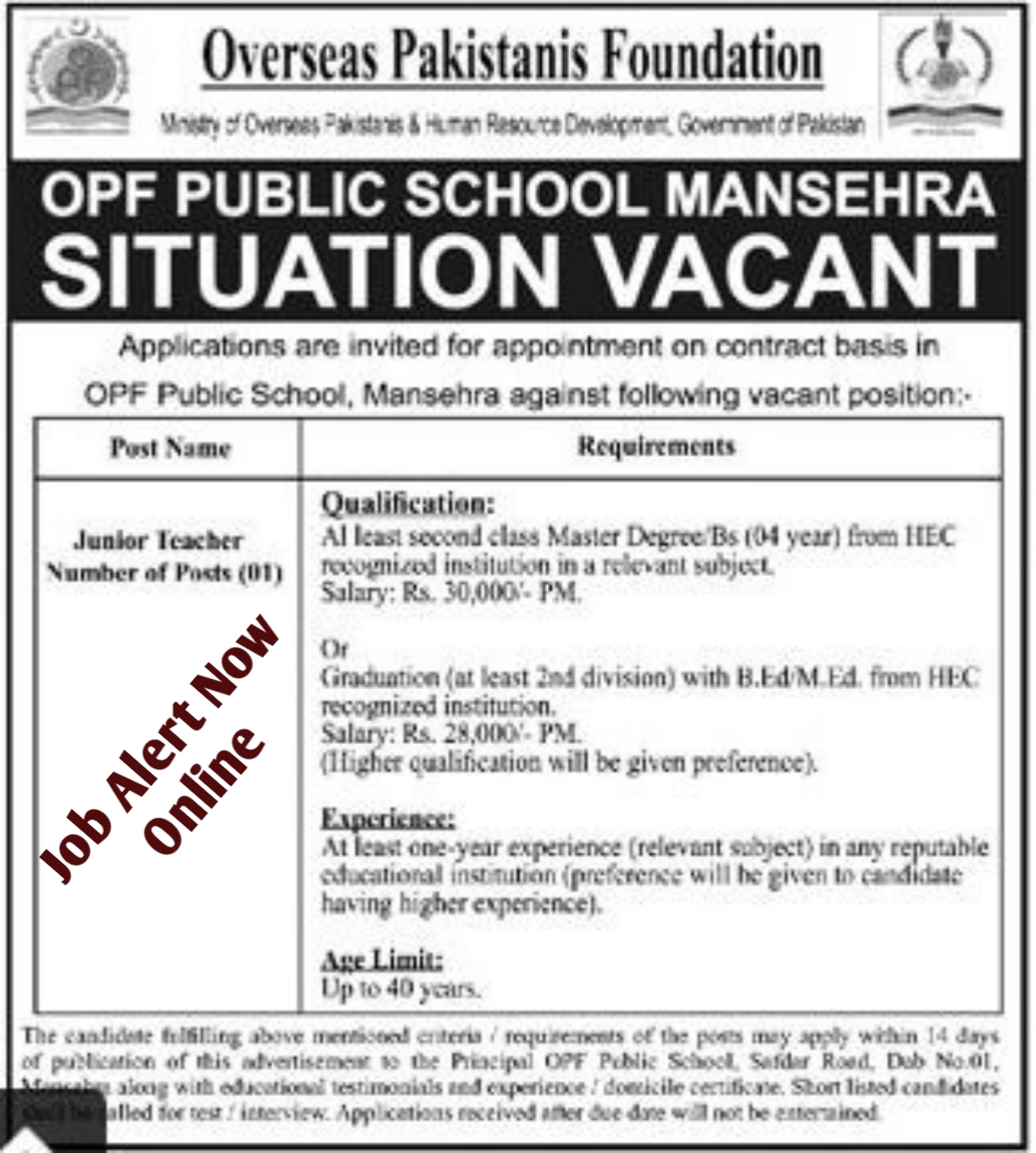 Current Teaching Positions at the Overseas Pakistanis Foundation (OPF) in Mansehra 2024