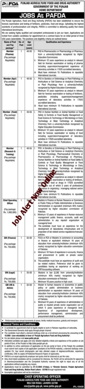 Current Management Positions at the Punjab Agriculture Food & Drug Authority in Lahore, 2024