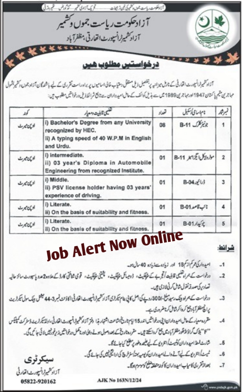Current Executive Positions in the Azad Kashmir Transport Authority in Muzaffarabad 2024-25