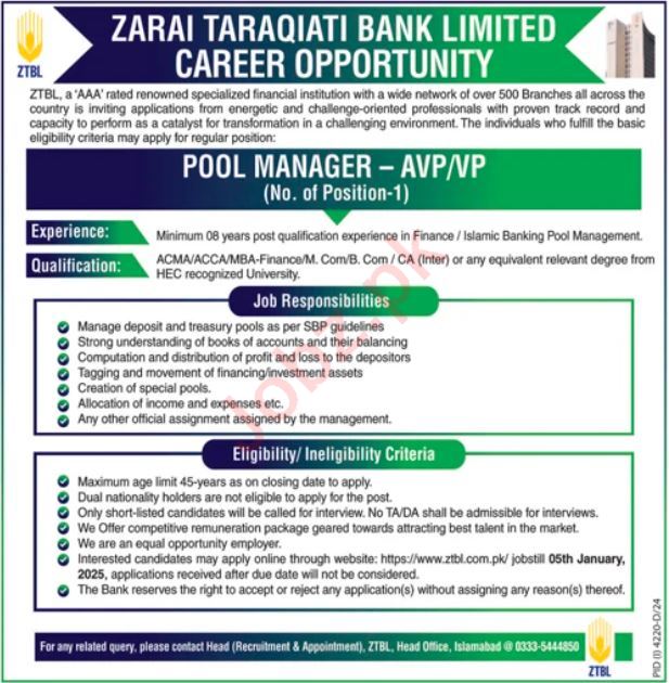 Pool Manager Positions at Zarai Taraqiati Bank Limited, 2025