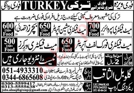 Jobs 2024 at Global Al Saqib Recruitment Group in Turkey