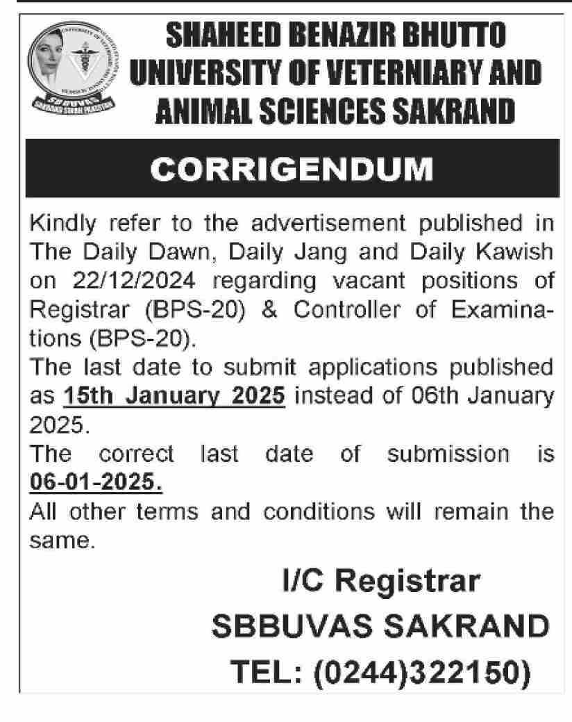 Veterinary Jobs at Shaheed Zulfiqar Ali Bhutto University 2025