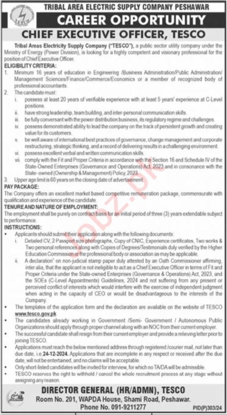 Current TESCO Management Positions at Tribal Areas Electricity Supply Company, Peshawar, 2024-25