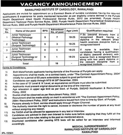 Positions Available At Rawalpindi Institute Of Cardiology
2024-25