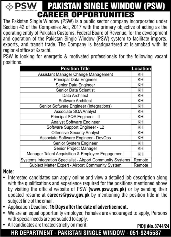 Current Karachi 2024 Single Window PSW Management Jobs in Pakistan