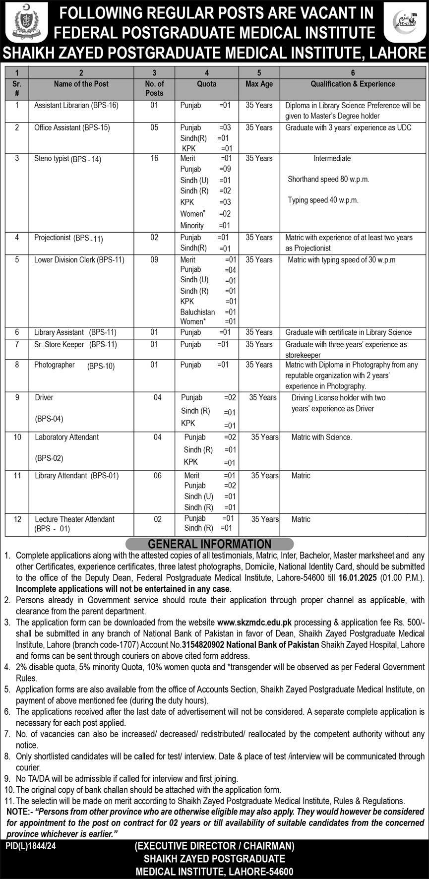 Up-to-date Lahore 2025 Shaikh Zayed Postgraduate Medical Institute Education Openings