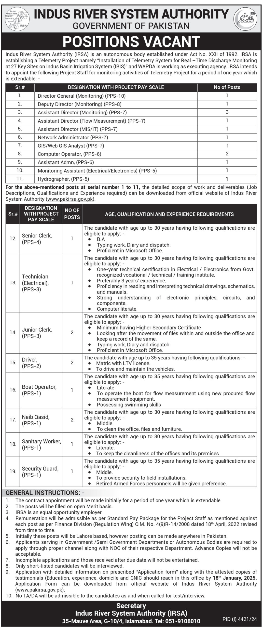 Current Management Positions at the Indus River System Authority (IRSA) in Islamabad 2025