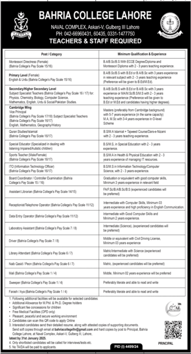 Announcement of Jobs at Bahria College in Lahore