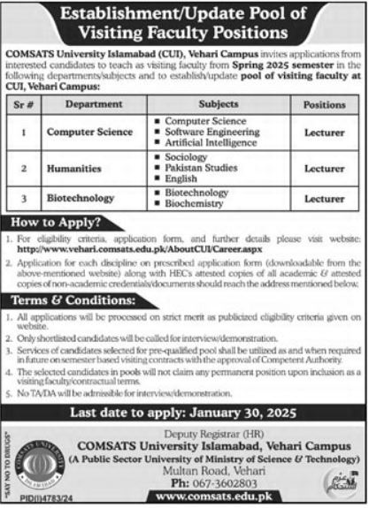 Current Teaching Positions at Comsats University Vehari 2025