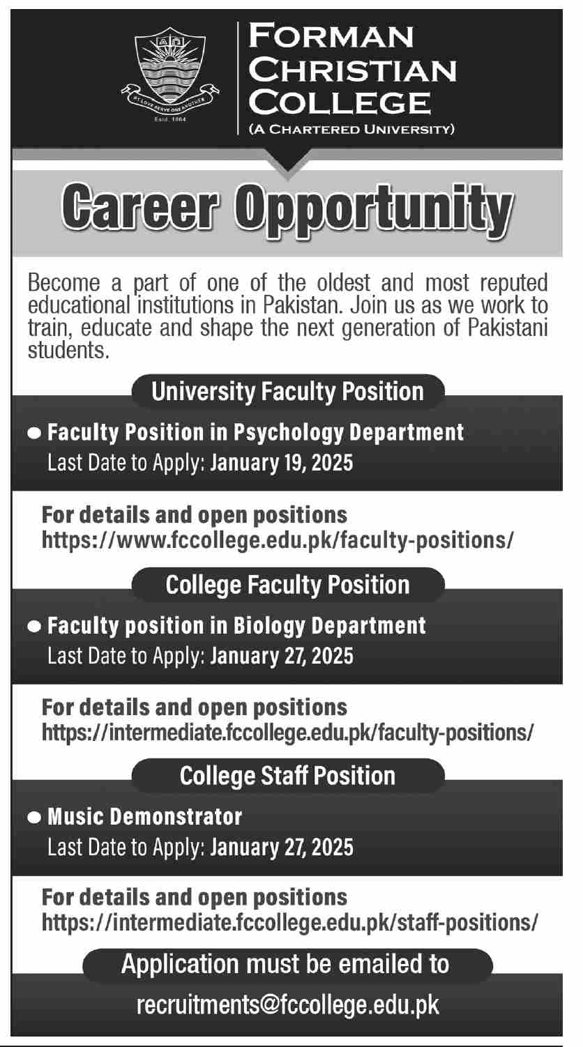 Up-to-date Karachi 2025 Forman Christian College Education Jobs