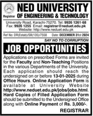 Jobs Available At NED University Of Engineering 2025